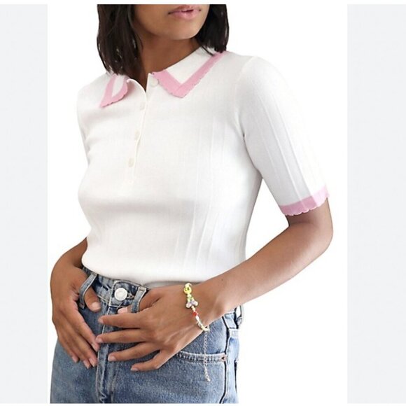 NWT GREYLIN BRUNA SWEATER KNIT SCALLOP TOP IN IVORY WHITE & PINK - S - Picture 1 of 9